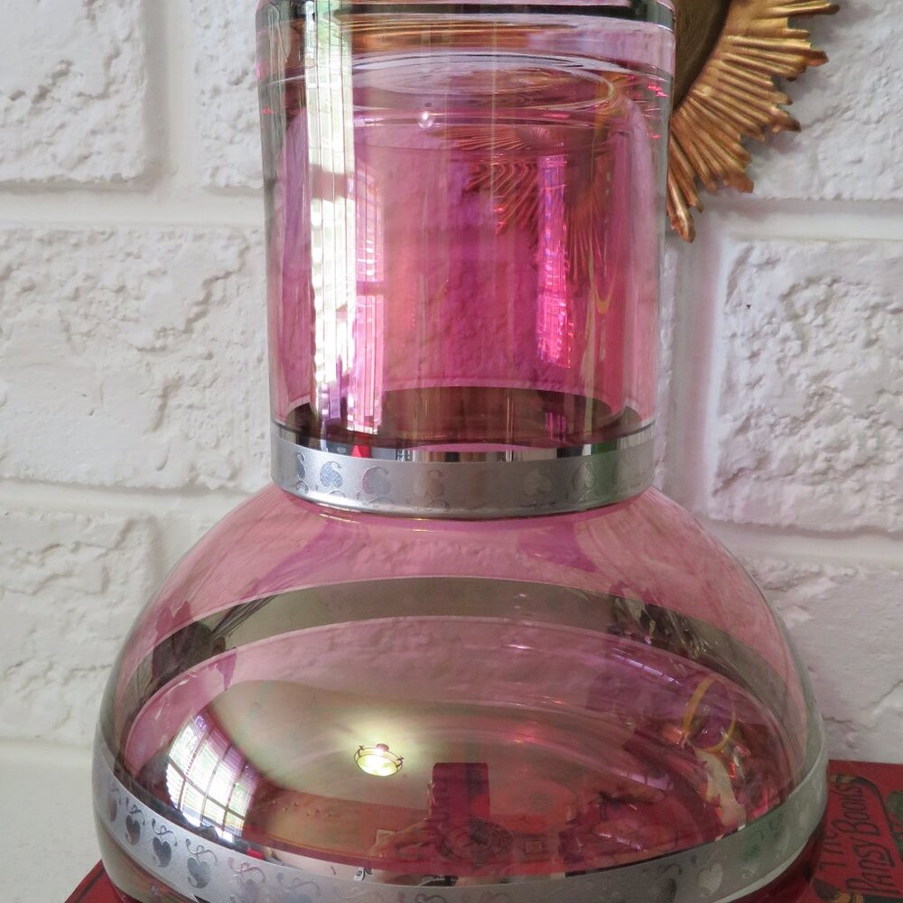 Vtg Bombay Lavender Glass Tumble Up Carafe wGlass Silver Trim Heavy Bases Poland